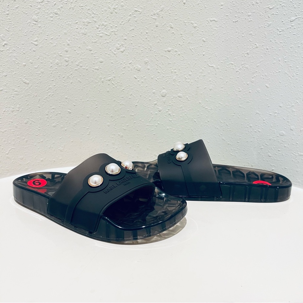 Karl Lagerfeld Logo Pearls Black Jelly Women’s Transparent Tula Slides Sz 6